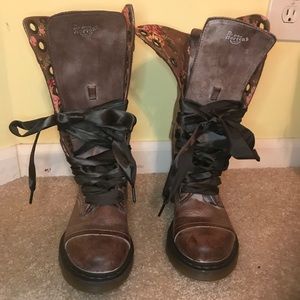 Tall brown dr martens with floral inside folds. BN